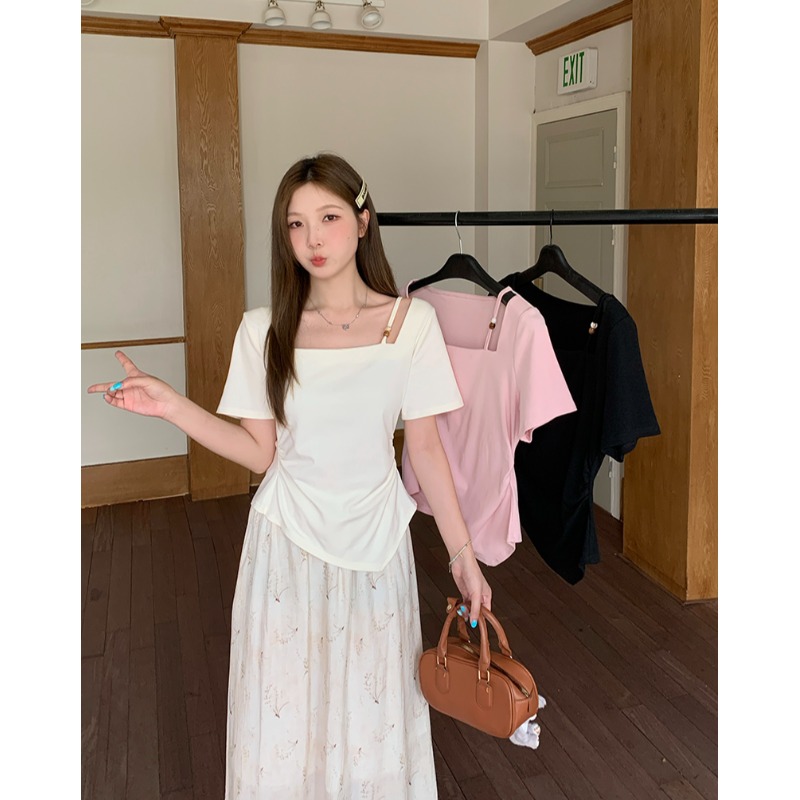 小吉家大码女装夏装胖mm甜美方领镂空不规则短袖T恤半身裙两件套