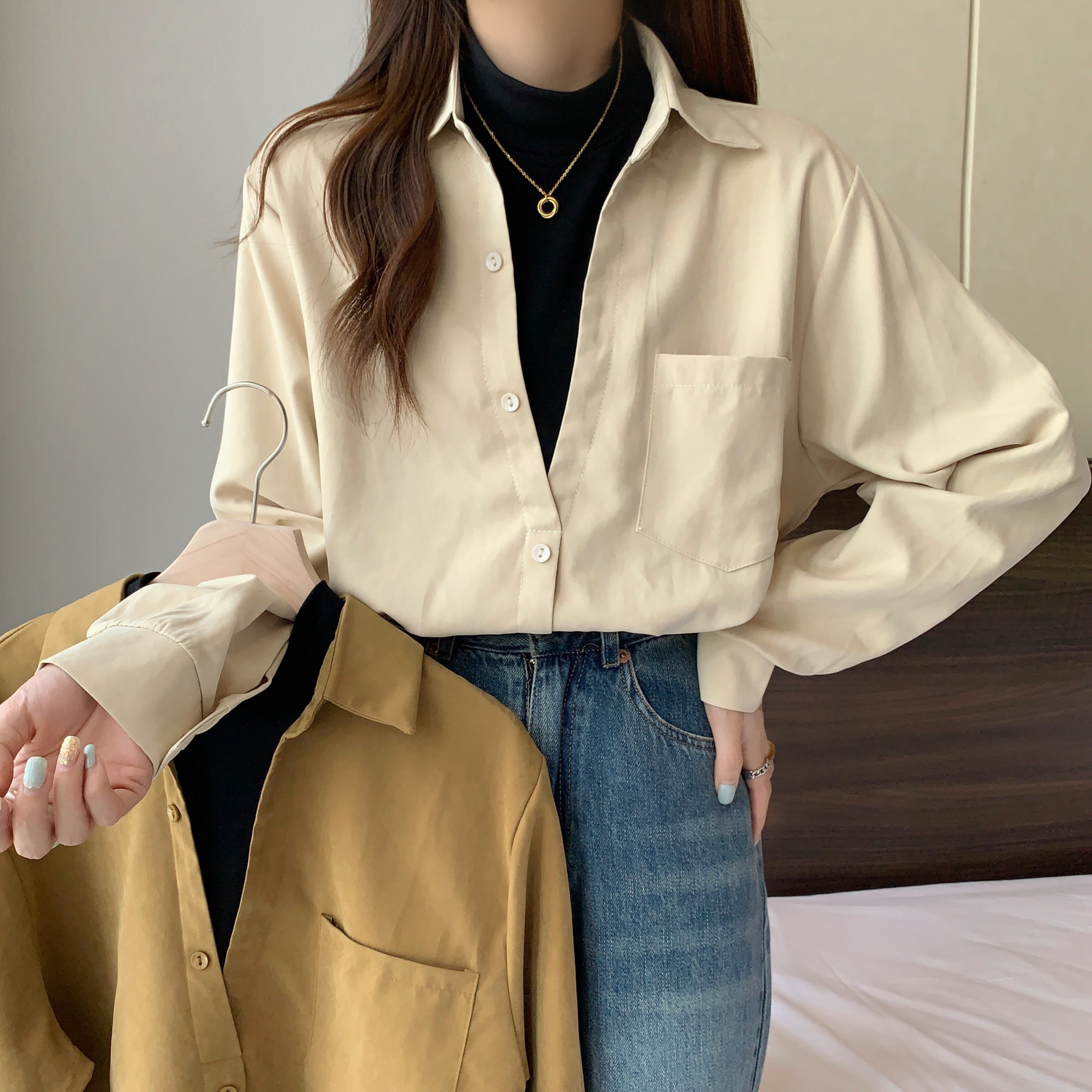 小吉家大码女装胖mm秋季设计感假两件长袖衬衫宽松显瘦百搭上衣潮