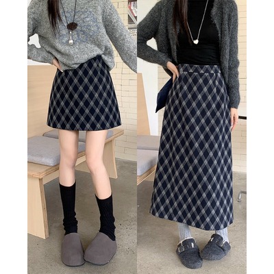 小吉家大码女装秋冬新款胖mm毛呢格纹中长款半身裙显瘦小个子短裙