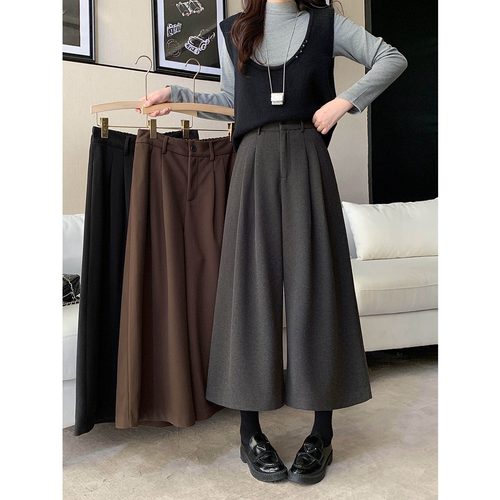 小吉家大码女装秋冬新款设计感毛呢阔腿裤高级感加厚显瘦八分裤女