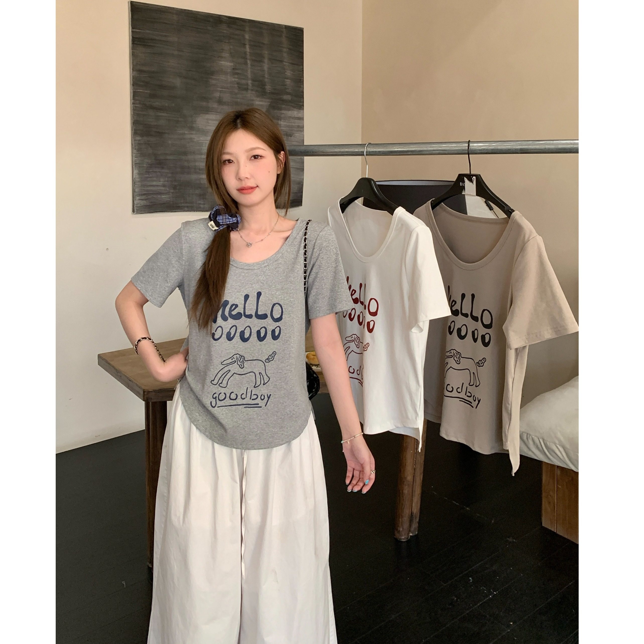 小吉家大码女装夏装胖mm韩系慵懒正肩短袖T恤印花显瘦百搭上衣女