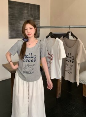 小吉家大码女装夏装胖mm韩系慵懒正肩短袖T恤印花显瘦百搭上衣女