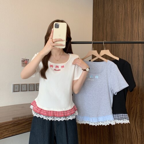 小吉家大码女装夏季新款胖mm芭蕾风蕾丝拼接短袖T恤甜美减龄上衣