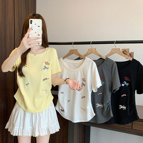 小吉家大码女夏季胖mm甜美减龄重工卡通刺绣圆领短袖T恤正肩上衣