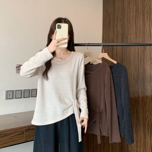 小吉家大码女装秋冬新款胖mm设计感不规则长袖T恤显瘦内搭上衣女