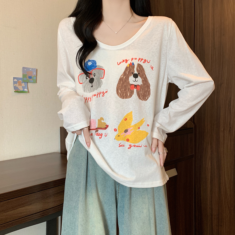 小吉家大码女装秋季新款V领狗狗印花长袖T恤女宽松遮肉上衣打底衫