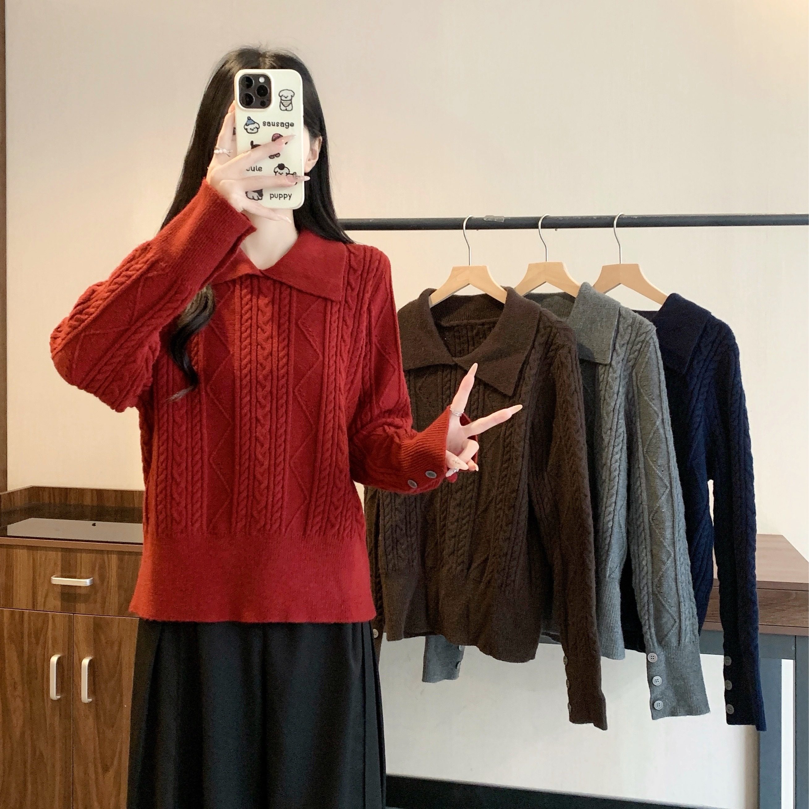 小吉家大码女装冬季polo翻领套头麻花加厚针织毛衣减龄外穿上衣女