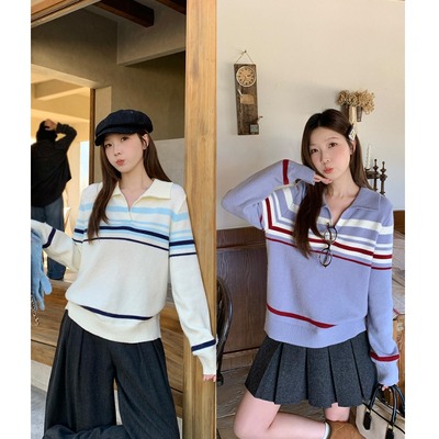 小吉家大码女装秋冬新款胖mm韩系polo领长袖针织衫宽松条纹毛衣女