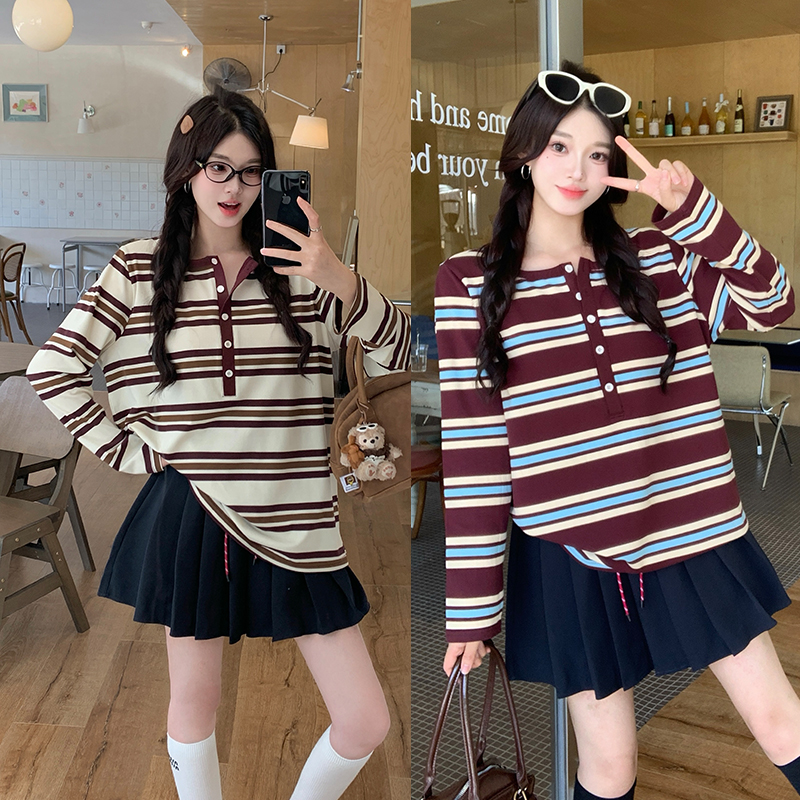 小吉家大码女装秋季新款条纹撞色半开领长袖T恤胖mm宽松显瘦上衣