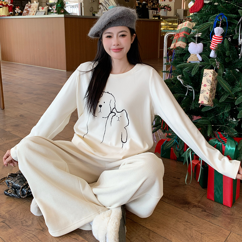 小吉家大码女装冬季双面德绒加厚圆领印花长袖打底T恤内搭上衣女