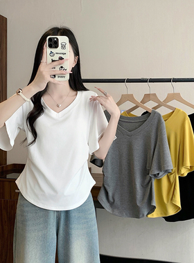 小吉家大码女装夏季新款V领显瘦正肩T恤遮肚子显瘦百搭短袖上衣女