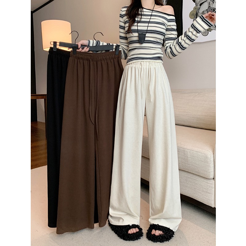 小吉家大码女装秋季新款胖mm简约休闲高腰松紧腰抽绳显瘦阔腿裤女