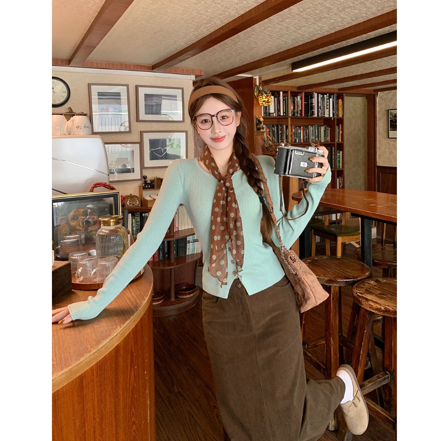 小吉家大码女装韩系绿色长袖针织衫女早秋修身薄款毛衣半身裙套装