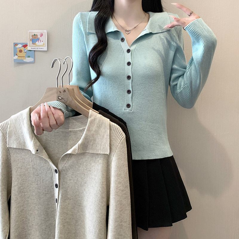 小吉家大码女装秋冬新款排扣翻领长袖毛衣胖mm显瘦百搭休闲针织衫
