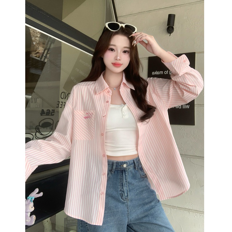 小吉家大码女装2025春装新款胖mm甜美百搭减龄条纹衬衫外搭衬衣女