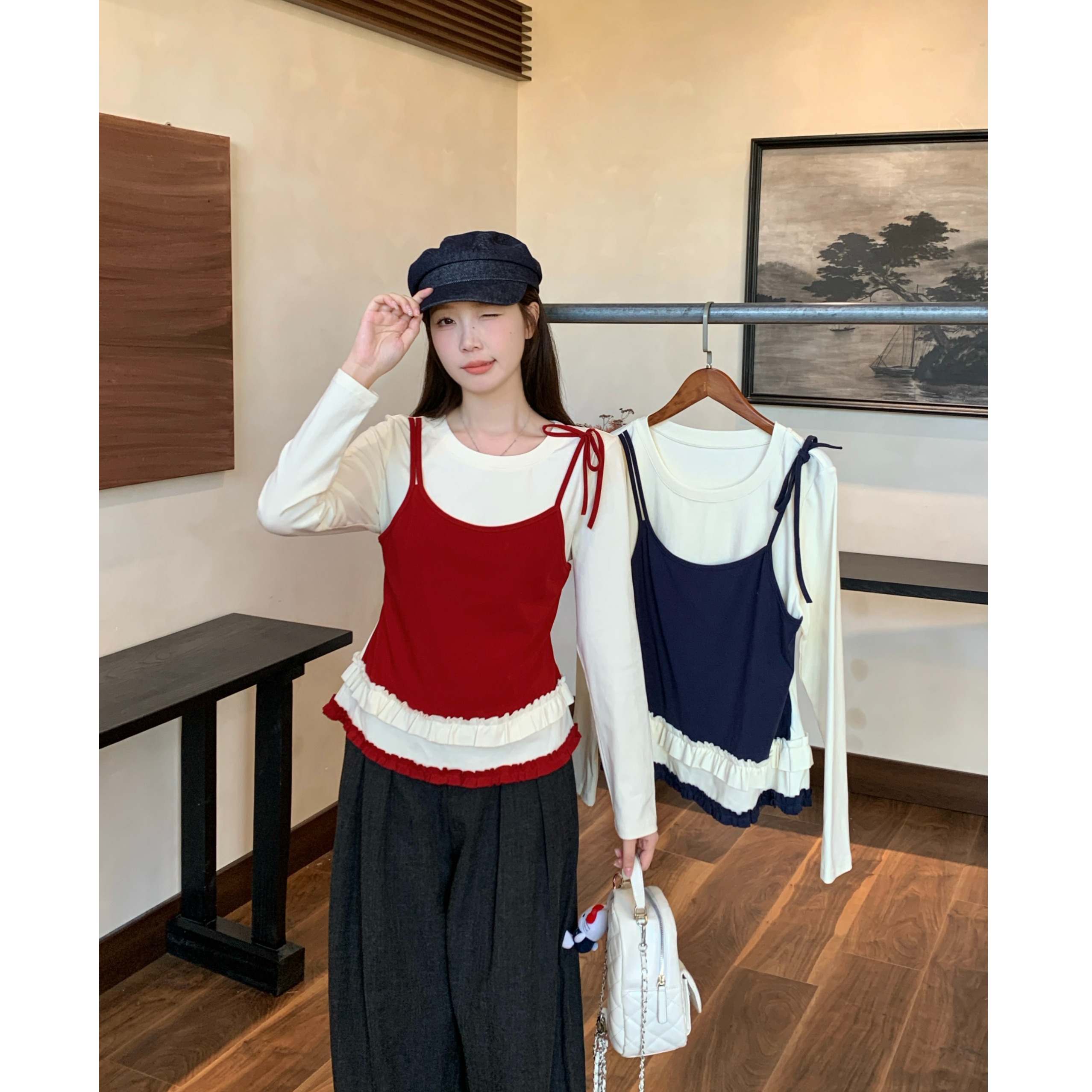 小吉家大码女装秋季胖mm拼接假两件长袖T恤甜美风木耳花边上衣女