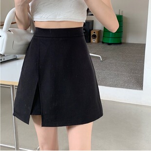 大码女装设计感黑色半身裙女春夏季开叉裙裤高腰显瘦百搭a字短裙