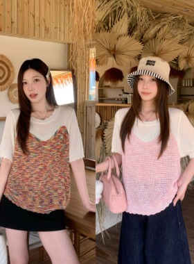 小吉家大码女装夏季新款胖mm小香风镂空撞色短袖针织衫设计感上衣