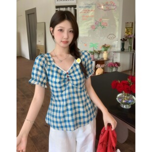 小吉家大码女装胖mm夏季设计感碎花格子短袖衬衫收腰显瘦别致上衣