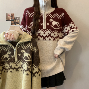 小吉家大码女装新春时尚费尔岛宽松毛衣polo领“马上有钱”毛衣女