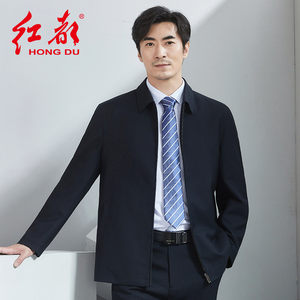 红都夹克男士中老年行政翻领宽松大码正装领导风格上班爸爸装外套
