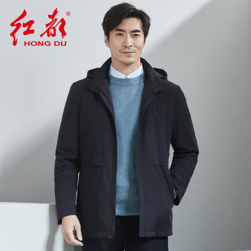 红都冬季新款男装尼克服男中年兔皮毛内胆可拆卸帽保暖夹克外套