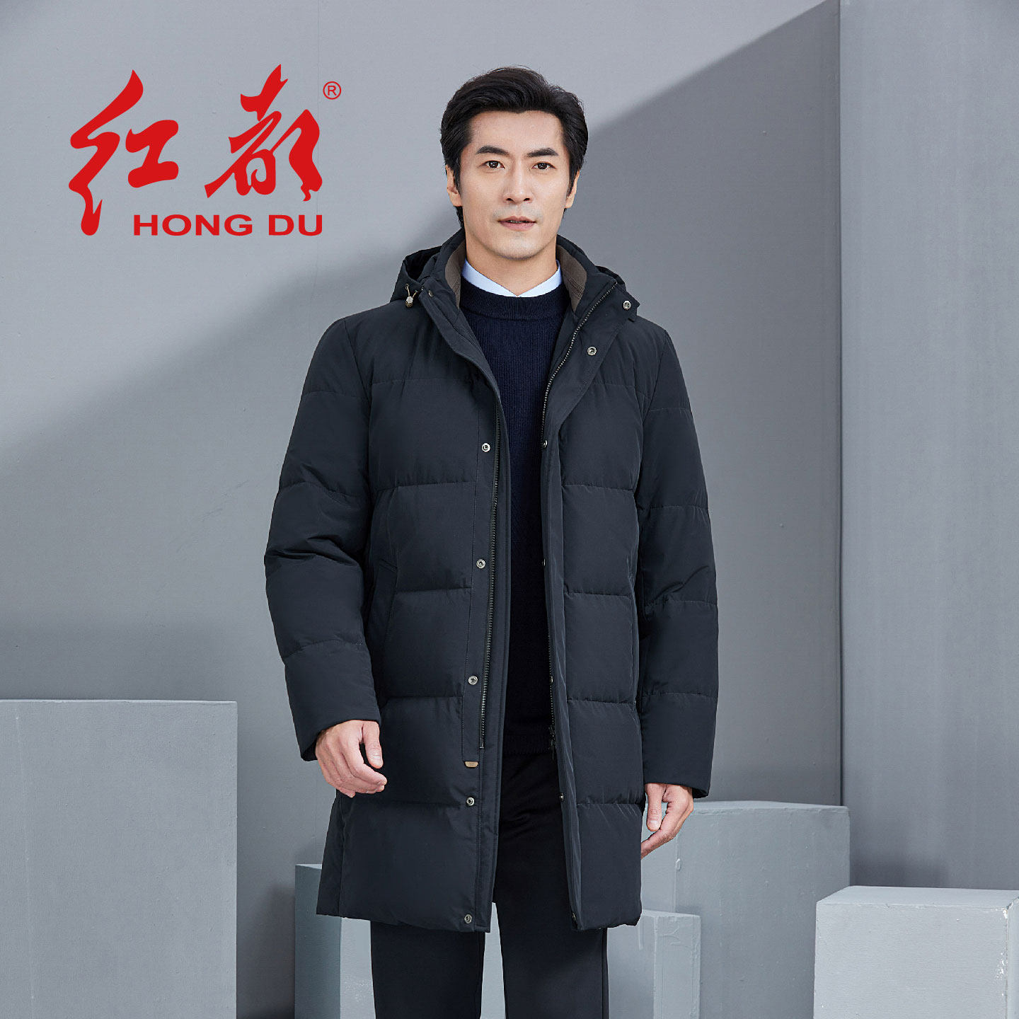 红都男士羽绒服中年爸爸装冬季保暖加厚中长款连帽鹅绒男外套