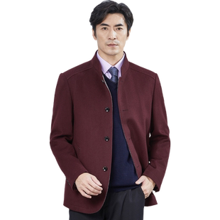 红都秋冬新款男士商务休闲毛呢大衣中年立领系扣休闲男装羊毛外套