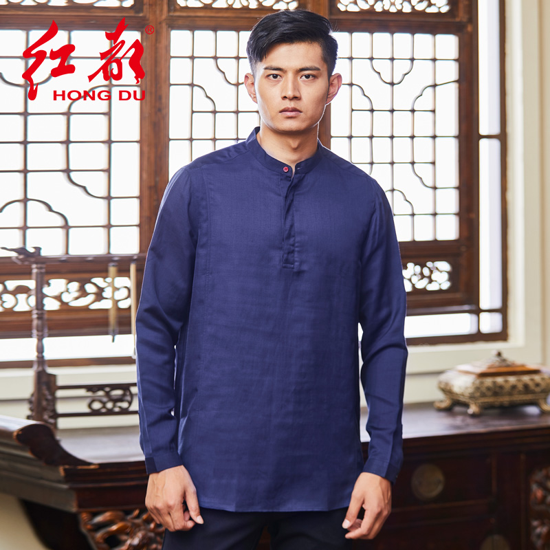 红都亚麻长袖衬衫男士中式中国风民族风立领盘扣时尚休闲男装衬衣