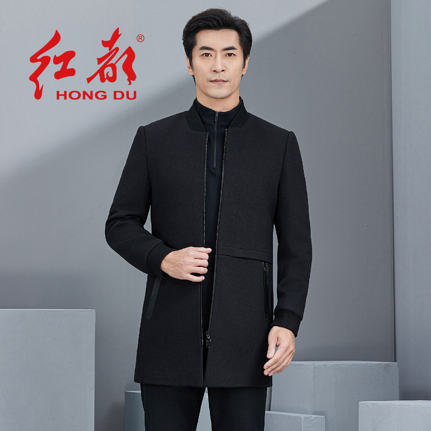 红都男士毛呢大衣中长款立领时尚绅士商务休闲中青年羊毛呢外套