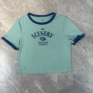 套头撞色宽松显瘦半袖 3.25茵m 新款 T恤女夏季 上衣 印花圆领短袖