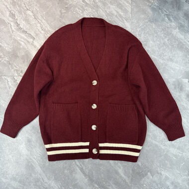 9.13拆标 秋冬慵懒风V领单排扣撞色条纹宽松休闲针织开衫毛衣外套