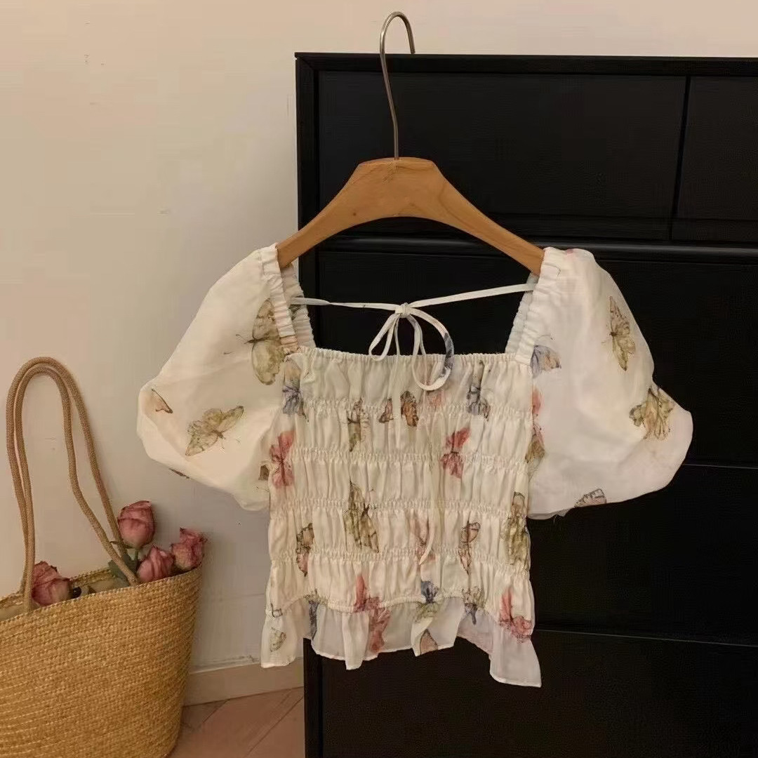 6.8尚c 法式温柔风蝴蝶碎花短袖衬衫女夏季甜美减龄小衫图片