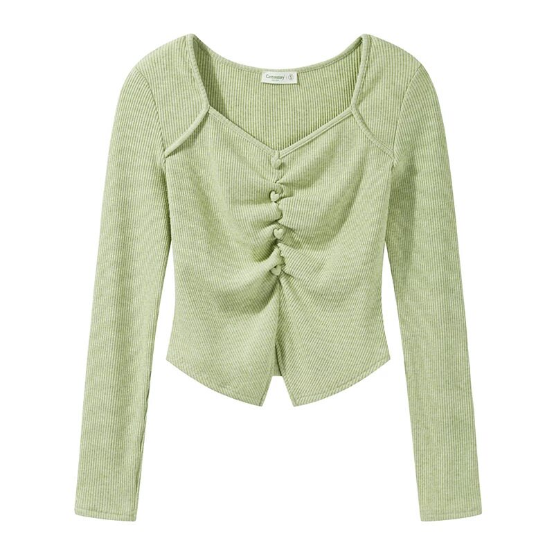 2.10羊城gs 春秋爱心纽扣长袖针织衫女显瘦修身方领上衣