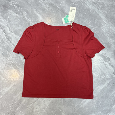 5.11茵m 夏季新款方领T恤正肩红色短袖经典上衣修身短款上衣女