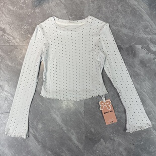 打底衫 舒适长袖 女微透白色波点圆领T恤上衣 榛果松饼 2.28织物z..
