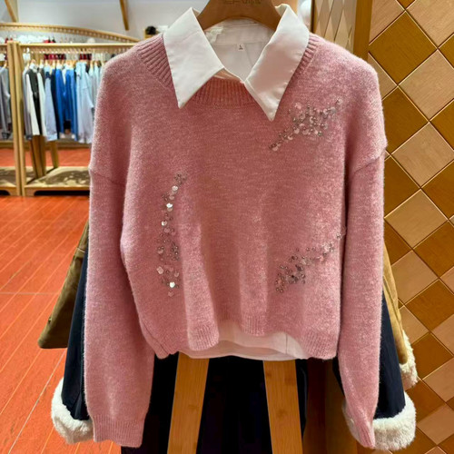 1.30IYF剪标 含羊毛混纺立体亮片花型圆领毛衣女春季针织衫