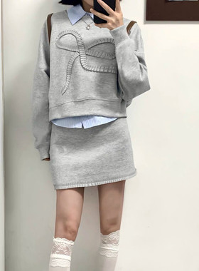 1.2 左jia q 原 立体蝴蝶结灰卫衣半裙套装