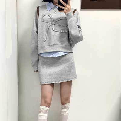 1.2 左jia q 原 立体蝴蝶结灰卫衣半裙套装