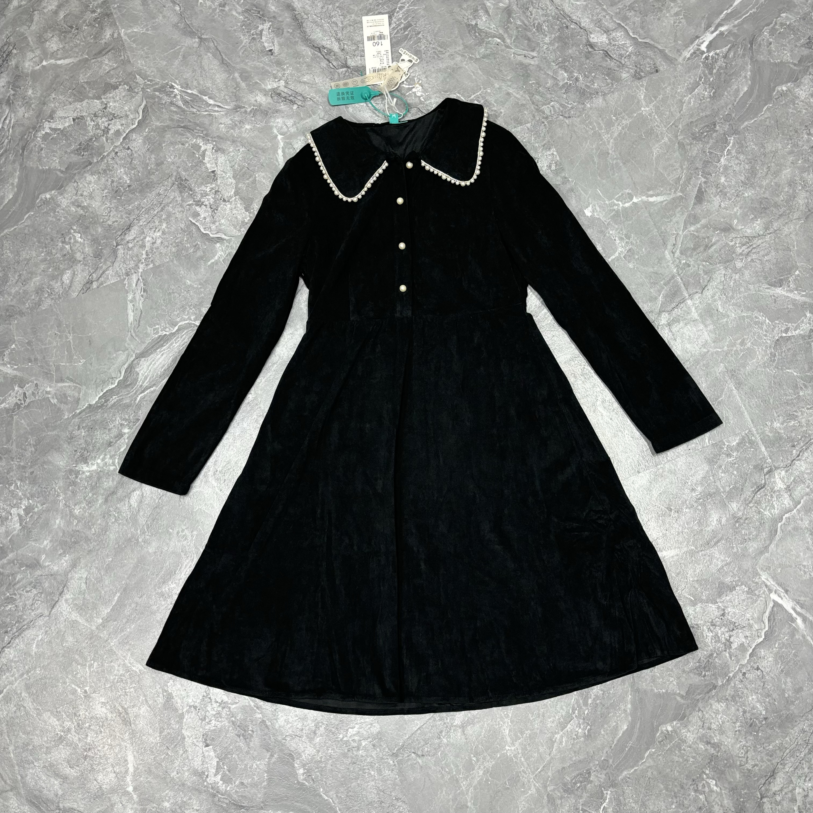 7.26ONE 秋装时尚休闲珍珠娃娃领高腰中长裙丝绒衬衫式连衣裙 ​