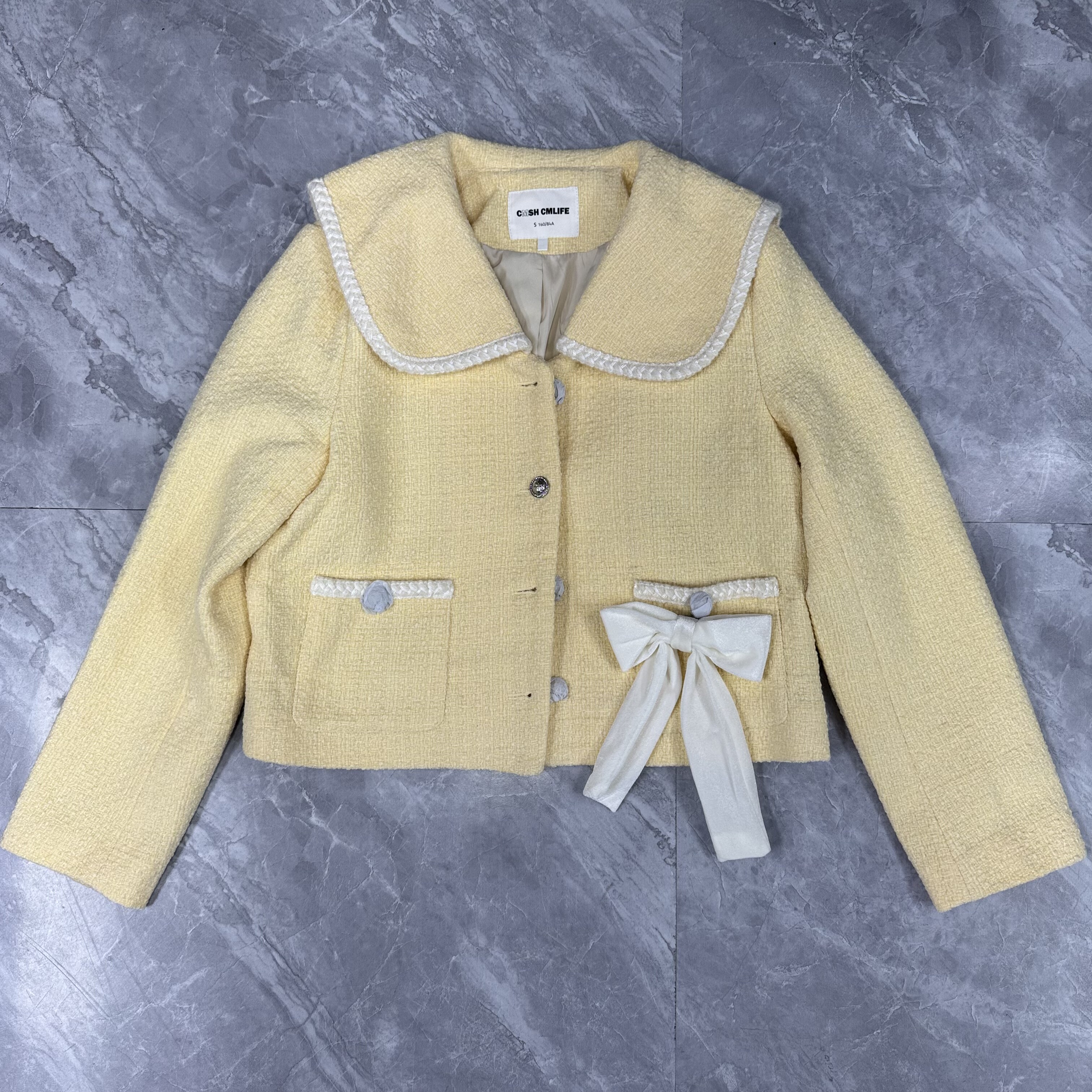 10.29CMSH…羊毛混纺 翻领小香风蝴蝶结口袋短外套