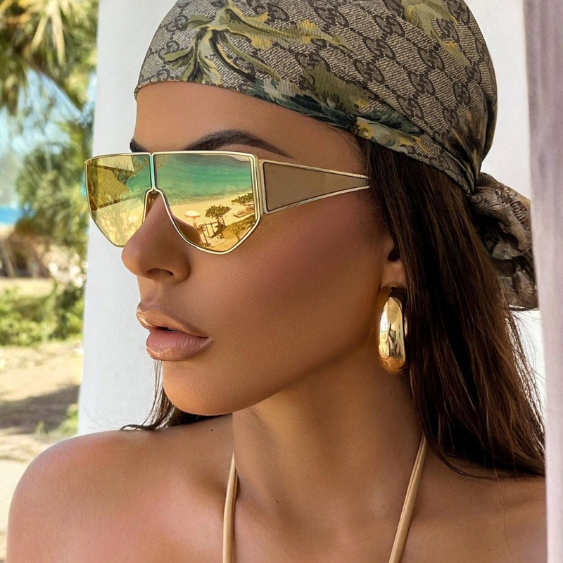 欧美跨境新款时尚墨镜金属一体镜片披头士风ins潮流大框太阳镜女