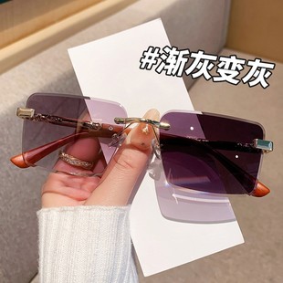 欧美个性 防晒跨境墨镜 无框切边方形百搭变色太阳镜复古街拍时尚