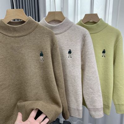 儿童一体绒毛衣秋冬2025新款男童加绒套头针织衫加厚半高领打底衫