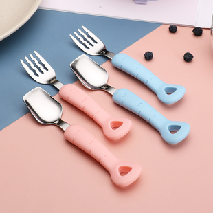 304不锈钢儿童餐具勺子叉子套装 创意家用方头勺子宝宝吃饭训练勺