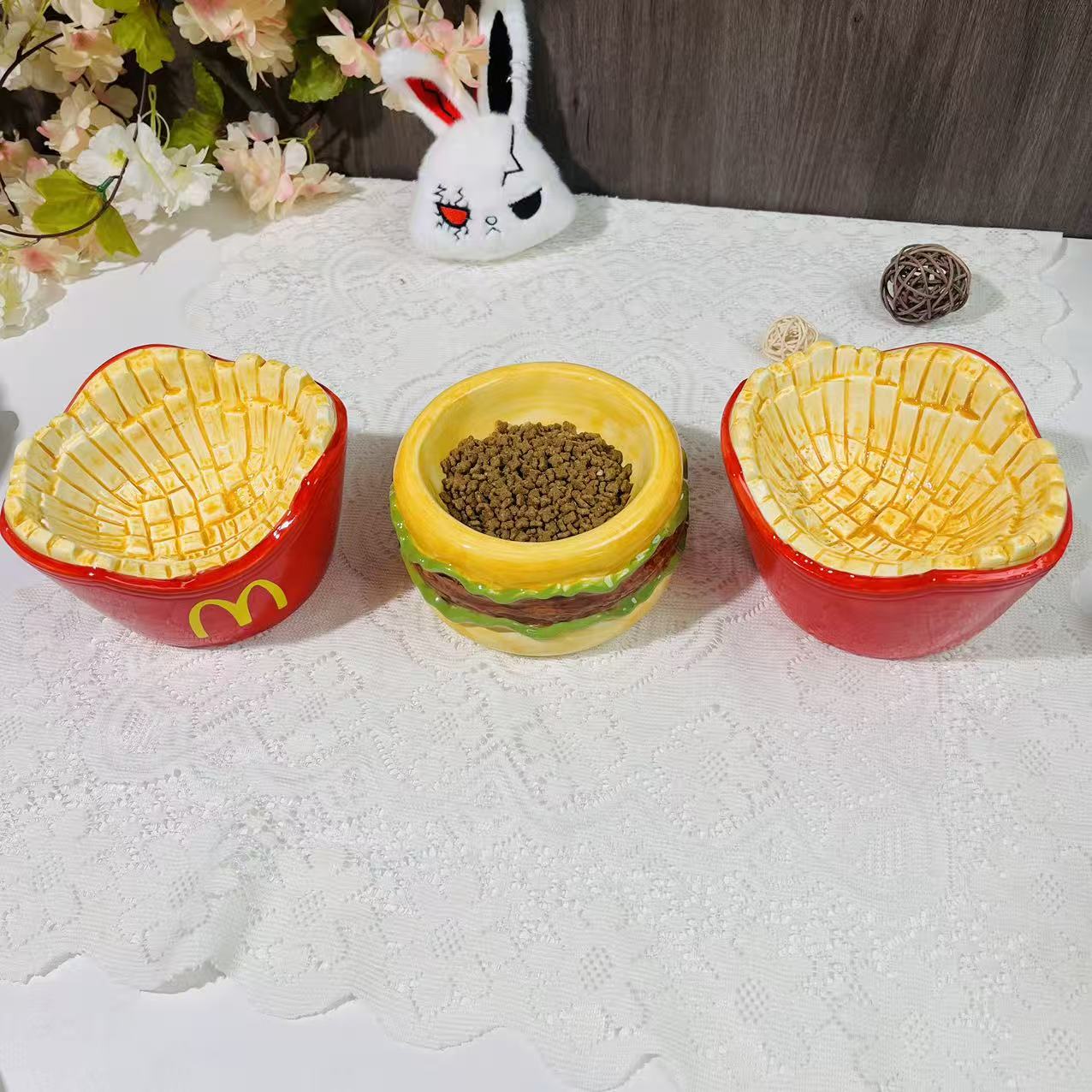 创意汉堡包造型猫狗碗宠物食碗薯条碗可爱造型喂食容器