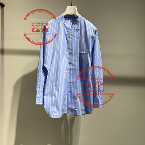 全棉条纹中式小立领衬衫女