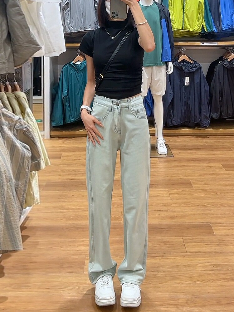 MOONLIGHT BLUE NARROW WIDE-LEG JEANS WOMENS SPRING AND AUTUMN 2024 NEW HIGH-WAISTED SLIM STRAIGHT-LEG MOPPING LONG PANTS