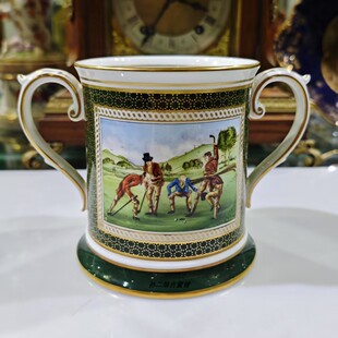 英国原产Spode精骨瓷彩绘全手绘19世纪古董高尔夫赛图双耳马克杯