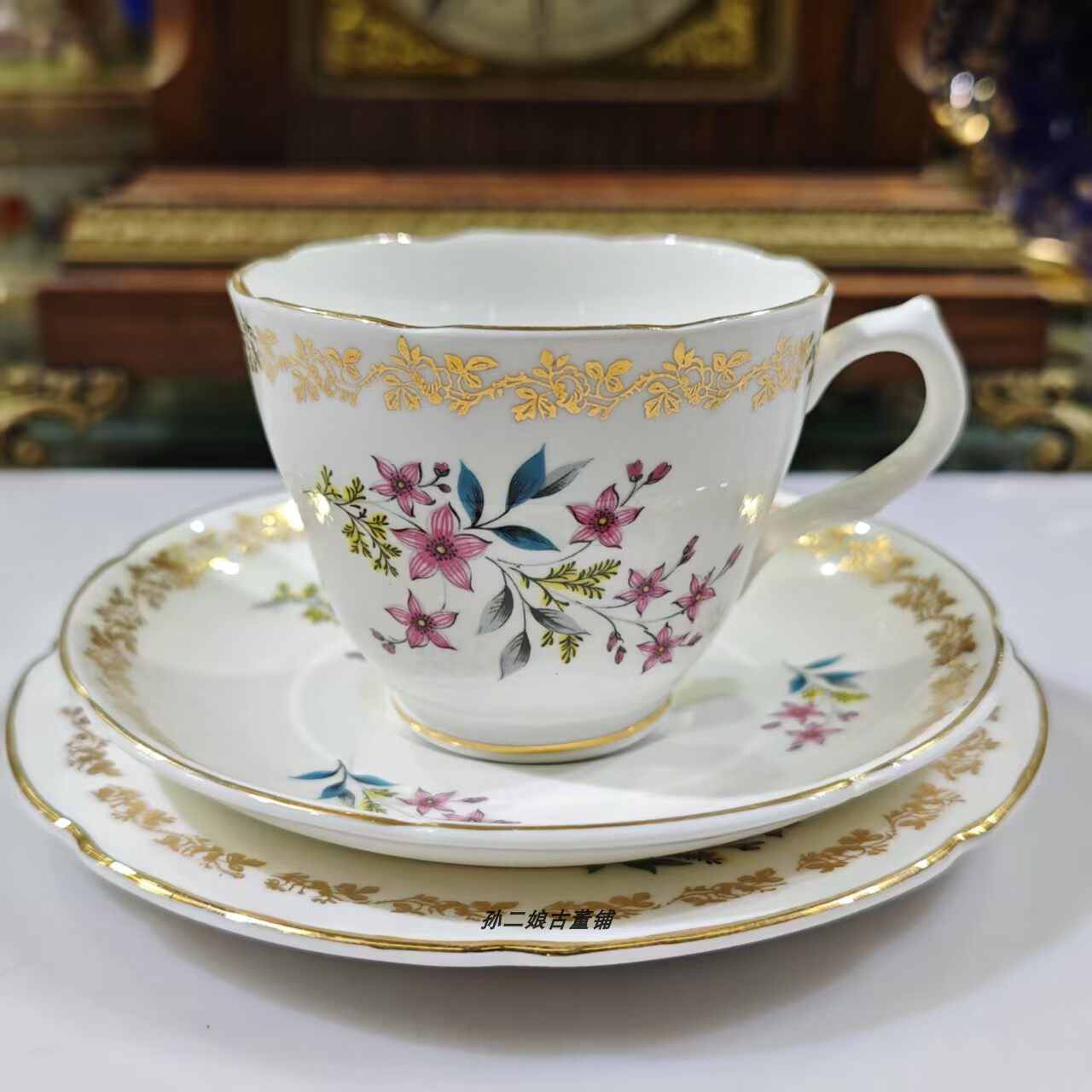 英国原产Royal Grafton镏金精骨瓷手绘花卉咖啡杯碟三件套中古